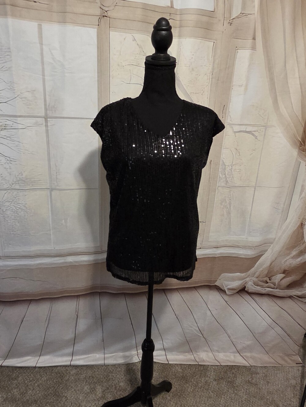 Black Sequin V-Neck Women's Top